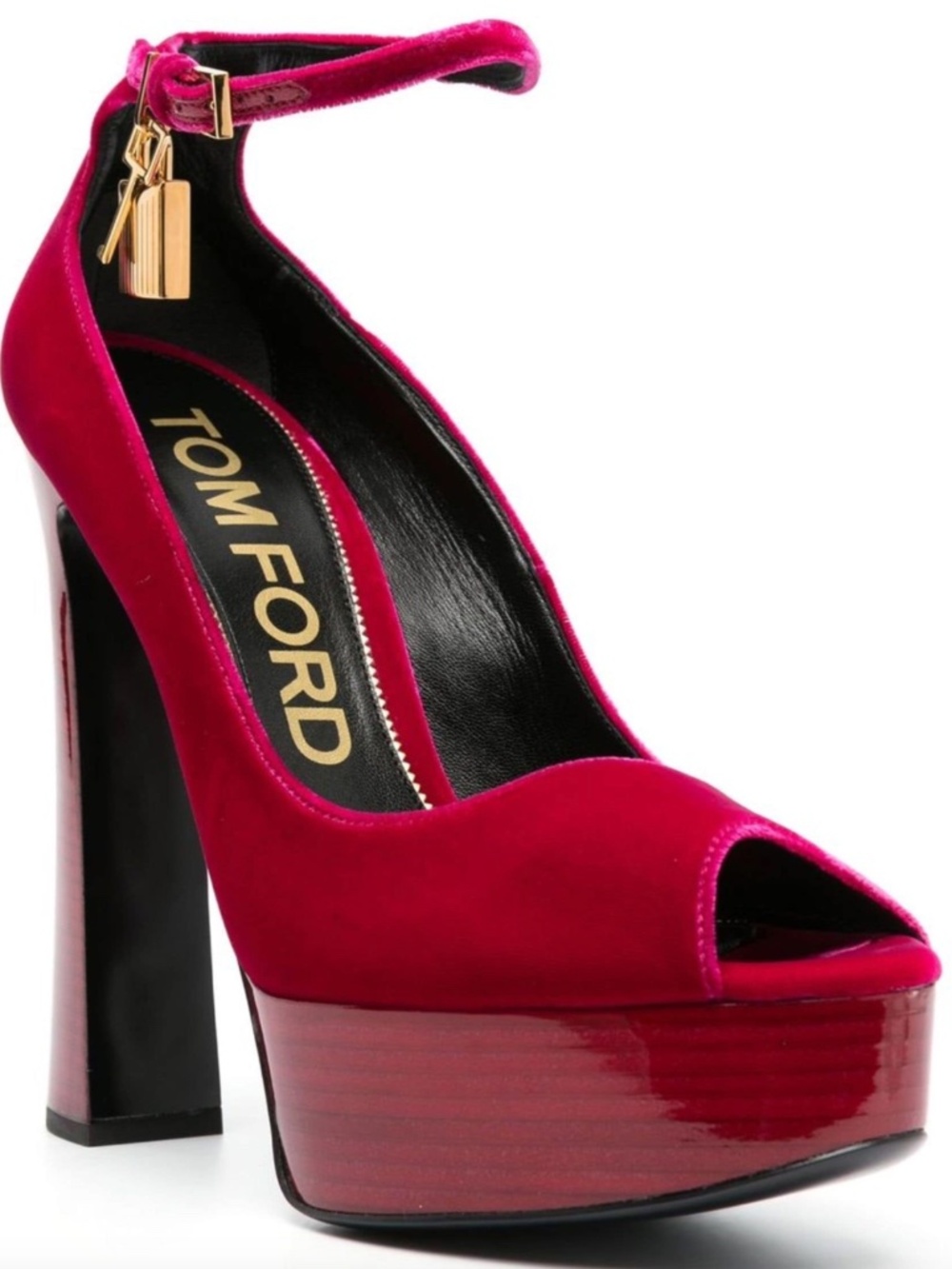 TOM FORD Padlock Raspberry Pink Velvet Gold Lock Charm Platform Peep Toe Pumps